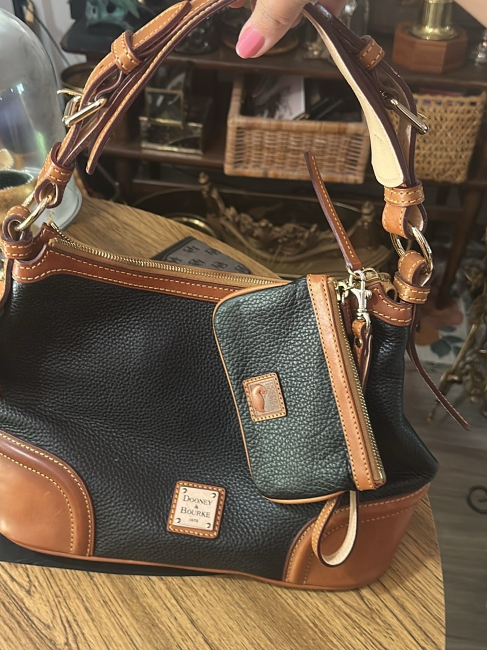 Vintage Dooney & Bourke Black and Tan Pebble Leather Hobo Bag - wristlet